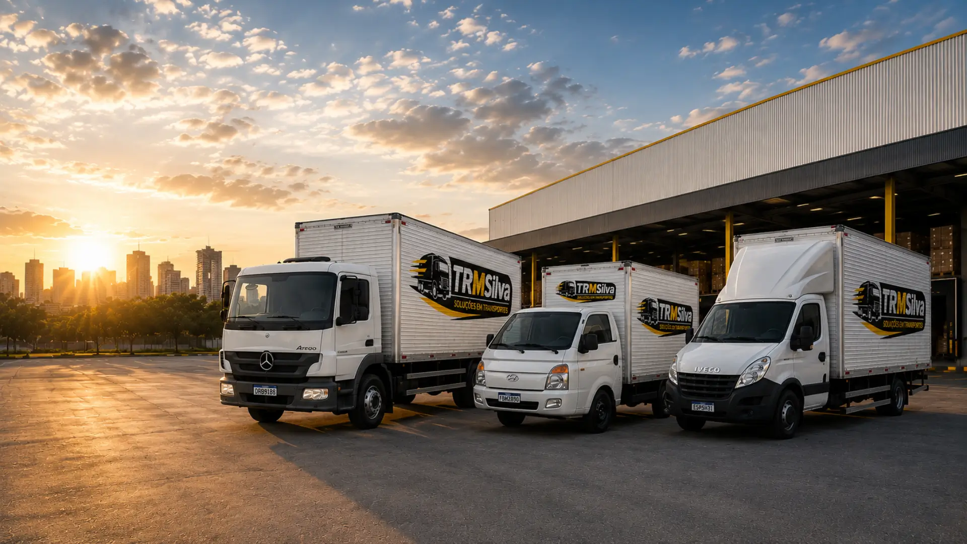 Frota TR MSilva — Mercedes-Benz Atego, Hyundai HR e Iveco baú em pátio de galpão em São Paulo ao pôr do sol